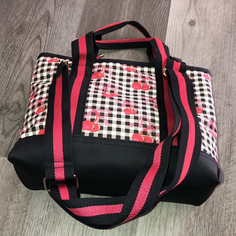 Luv Betsey Betsey Johnson Black & White Gingham & Red Cherry Print Tote Bag NWT - Picture 11 of 16
